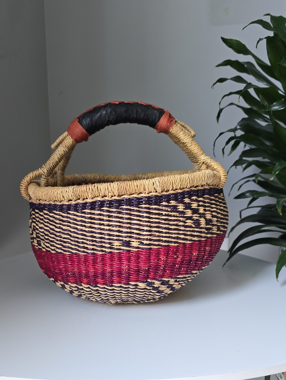 Small Handmade Woven Basket with Leather